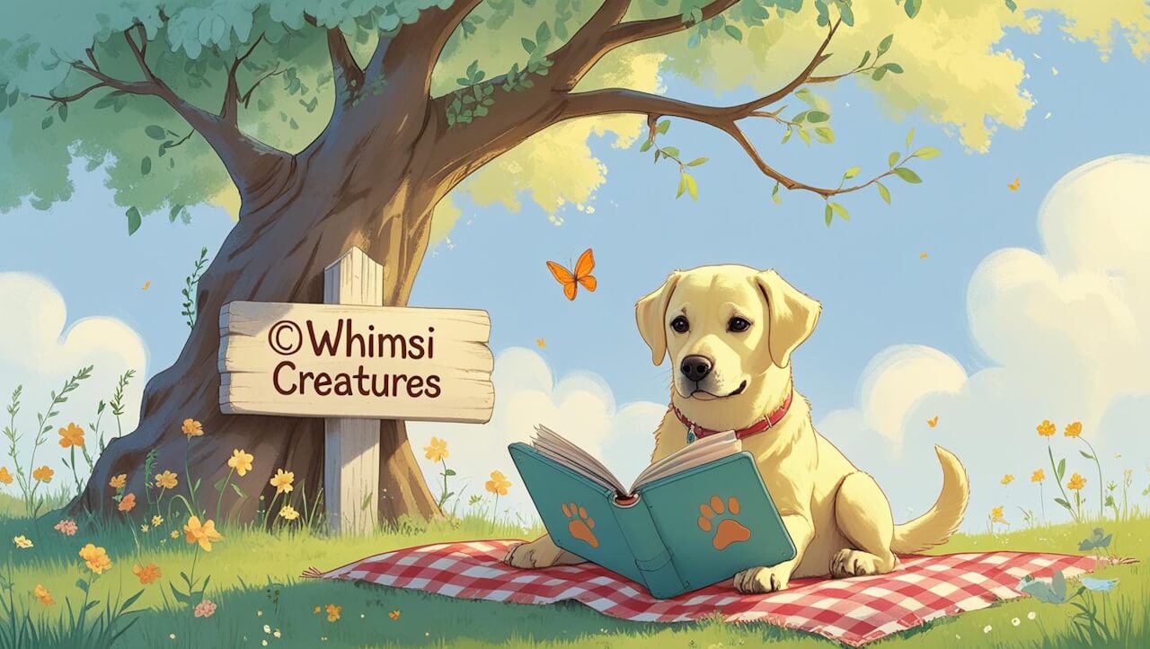 Pippa the Yellow Labrador reading her planner under a tree